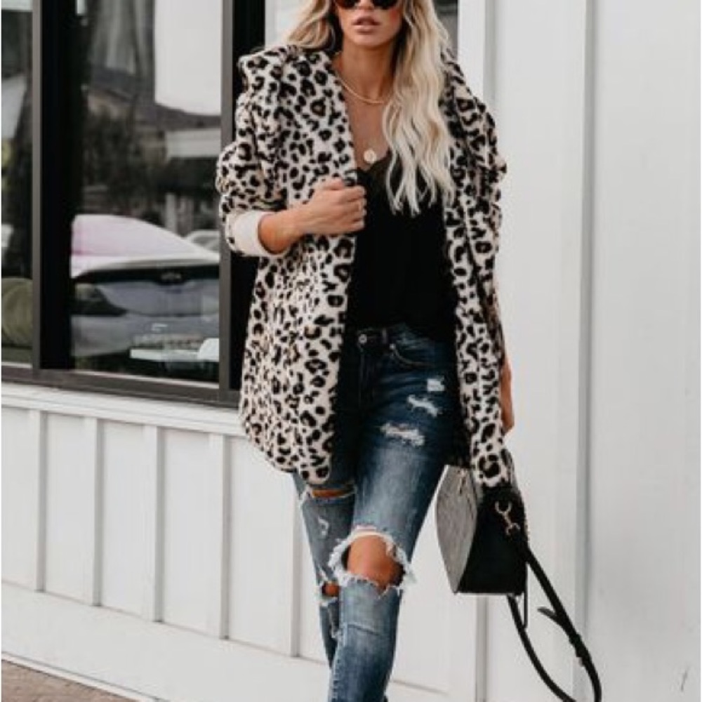 Women Leopard plush hooded jacket coat winter cardigan with pockets - Picture 6 of 6